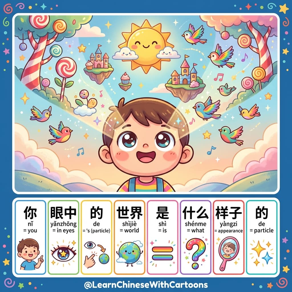 A little girl looking at a butterfly in a vibrant world.