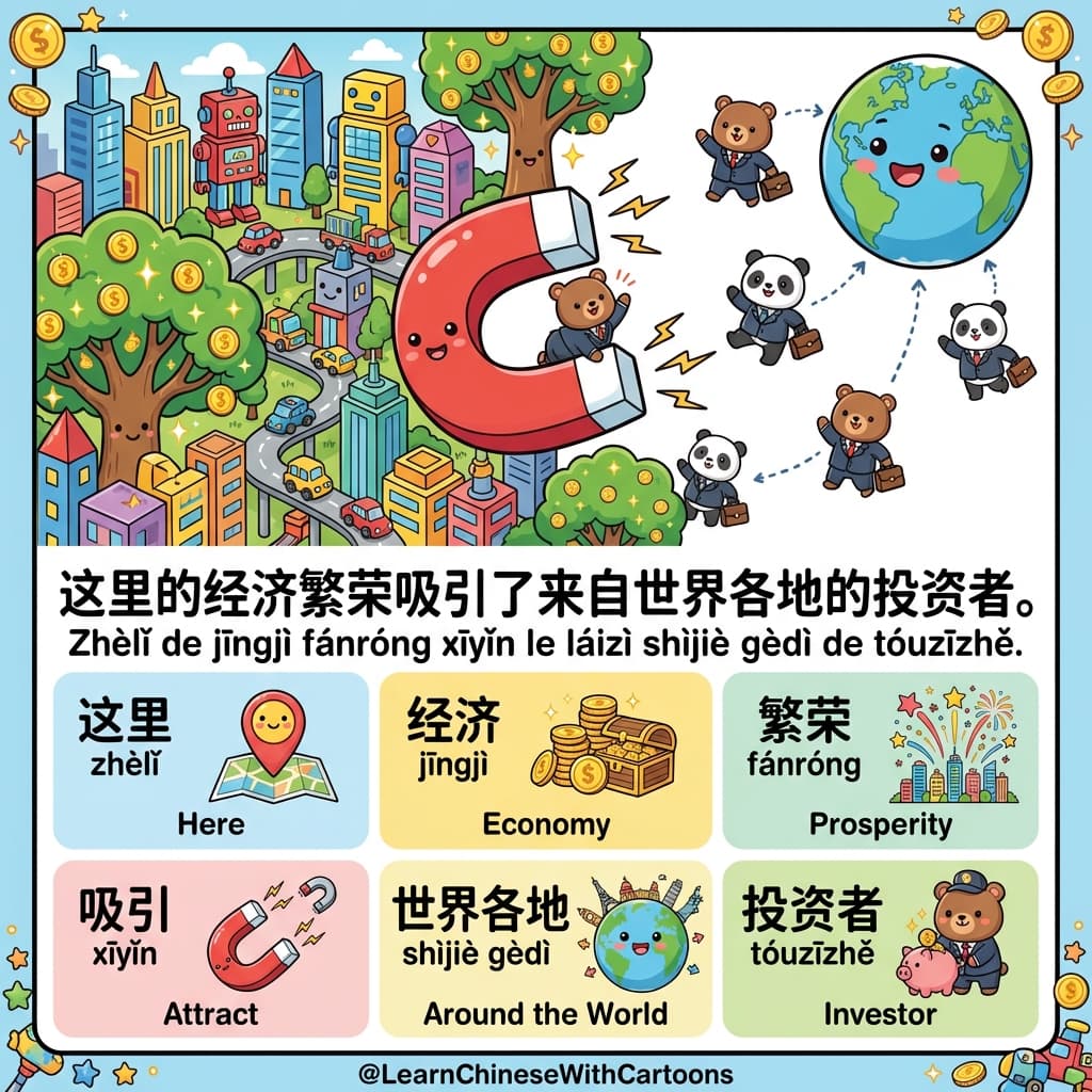 A futuristic city with golden lights and flying vehicles reflecting economic prosperity.